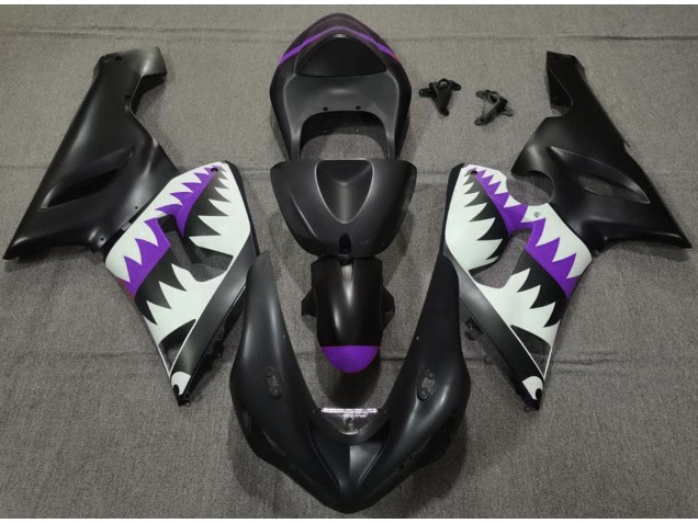 2005-2006 Matte Black and Purple Shark Kawasaki ZX6R Motorcycle Fairing UK