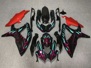 2008-2010 Red and Cyan Flame Suzuki GSXR 600-750 Motorcycle Fairing UK